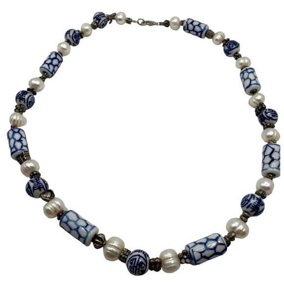 Vintage Blue White Porcelain Bead Necklace Fresh Water Pearls Traditional Motifs - Picture 5 of 7